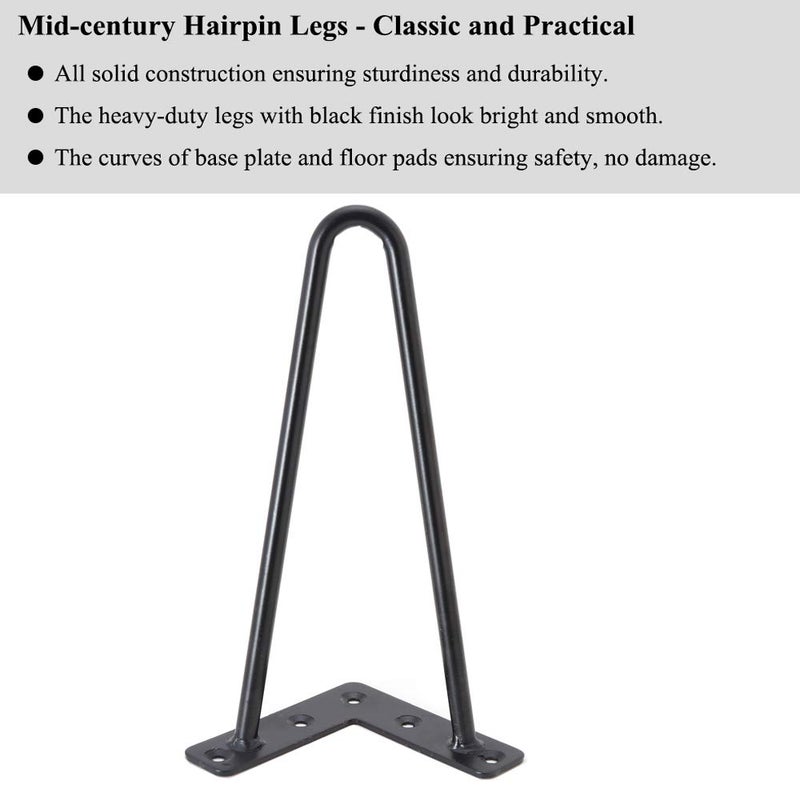 Osring 10 Inch Hairpin Legs Solid Steel Furniture Table Feet 4pcs, Heavy Duty Hairpin Feet 3/8â€ Dia 2 Rods Furniture Legs Black with Protector Pads for TV Stand, Cabinet and Coffee Table - Image 3